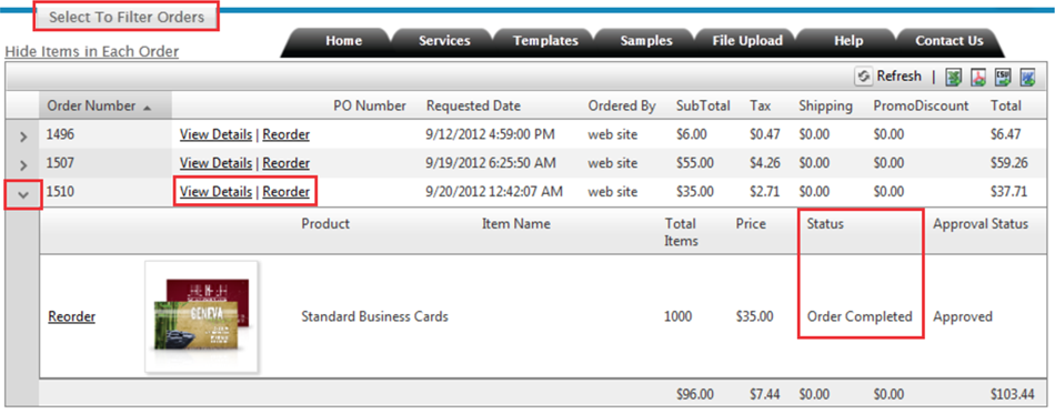 order history details of previous print jobs